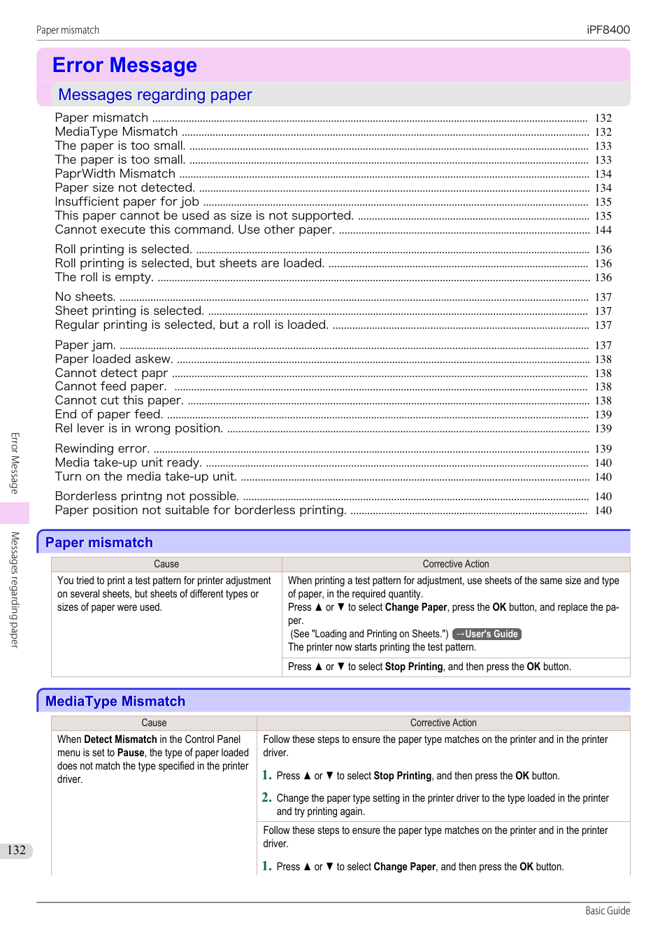 Error message, Messages regarding paper, Paper mismatch | Mediatype mismatch | Canon imagePROGRAF iPF8400 User Manual | Page 132 / 157