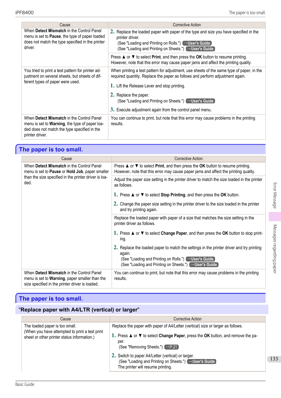The paper is too small | Canon imagePROGRAF iPF8400 User Manual | Page 133 / 157