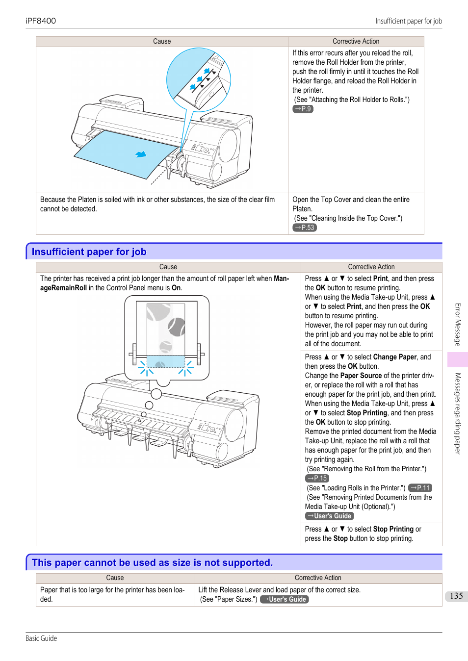 Insufficient paper for job, This paper cannot be used as size is not supported | Canon imagePROGRAF iPF8400 User Manual | Page 135 / 157