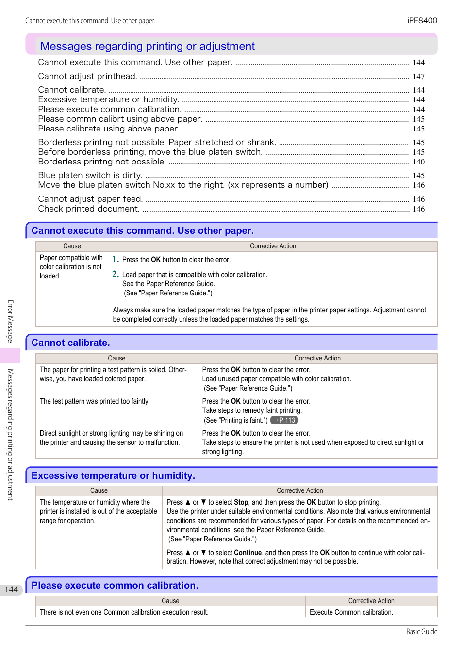 Messages regarding printing or adjustment, Cannot execute this command. use other paper, Cannot calibrate | Excessive temperature or humidity, Please execute common calibration | Canon imagePROGRAF iPF8400 User Manual | Page 144 / 157