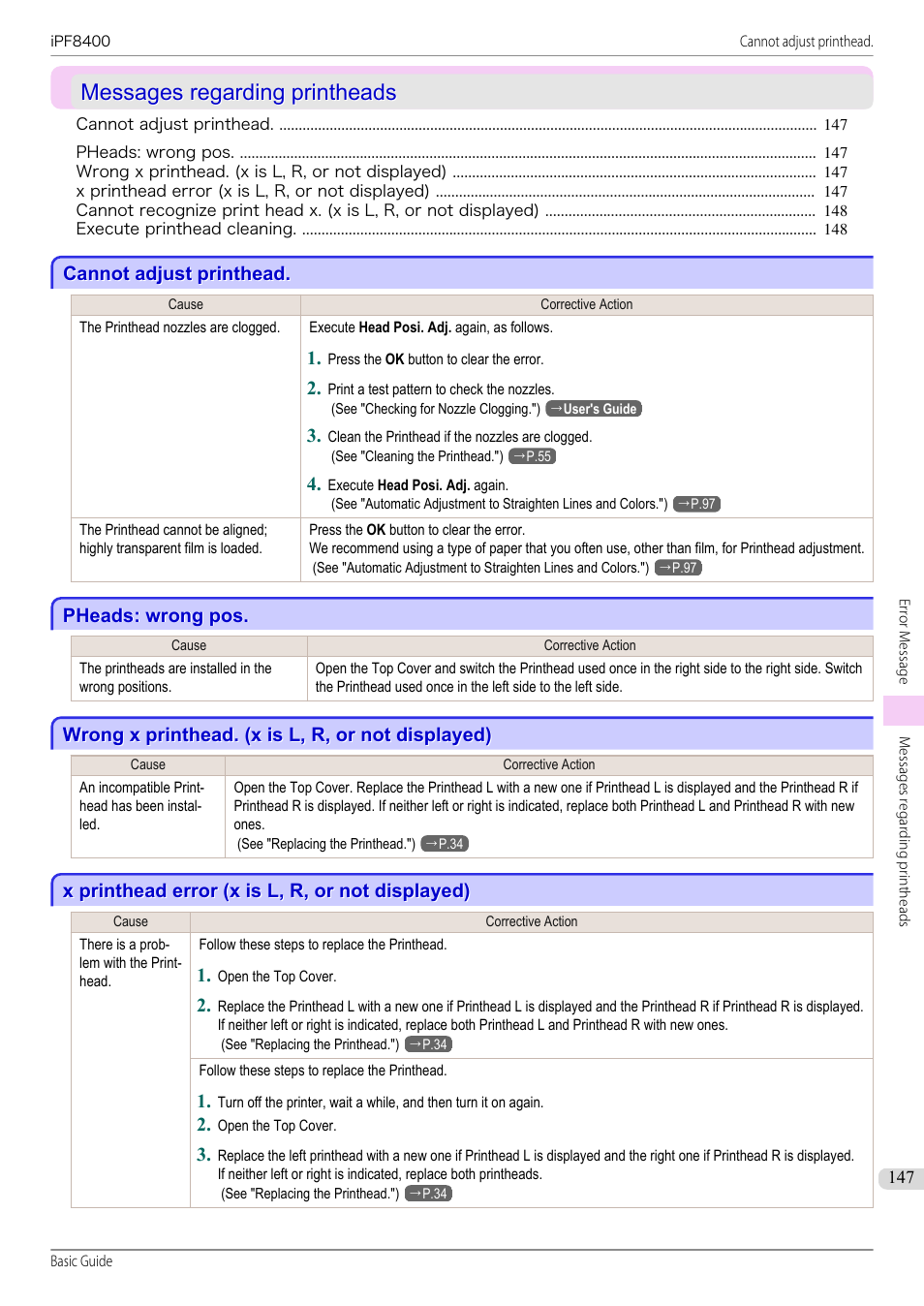 Messages regarding printheads, Cannot adjust printhead, Pheads: wrong pos | Wrong x printhead. (x is l, r, or not displayed), X printhead error (x is l, r, or not displayed) | Canon imagePROGRAF iPF8400 User Manual | Page 147 / 157