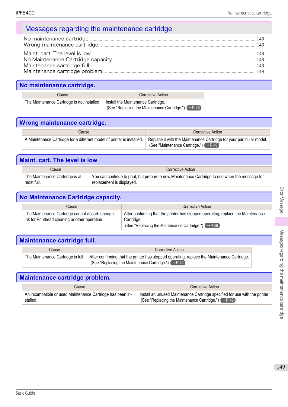 Messages regarding the maintenance cartridge, No maintenance cartridge, Wrong maintenance cartridge | Maint. cart. the level is low, No maintenance cartridge capacity, Maintenance cartridge full, Maintenance cartridge problem | Canon imagePROGRAF iPF8400 User Manual | Page 149 / 157