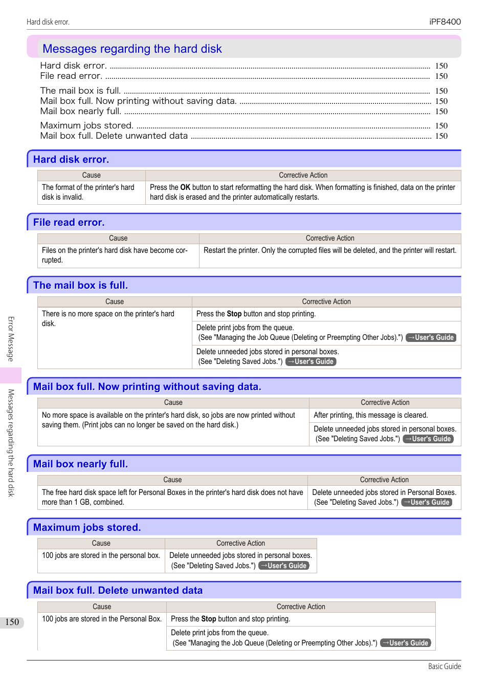 Messages regarding the hard disk, Hard disk error, File read error | The mail box is full, Mail box full. now printing without saving data, Mail box nearly full, Maximum jobs stored, Mail box full. delete unwanted data | Canon imagePROGRAF iPF8400 User Manual | Page 150 / 157