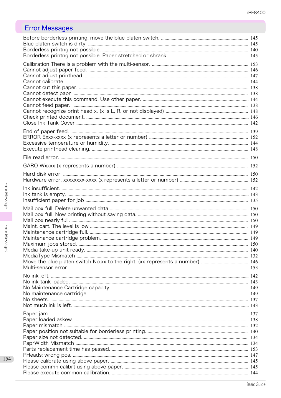 Error messages, See "error messages."), P.154 | Canon imagePROGRAF iPF8400 User Manual | Page 154 / 157