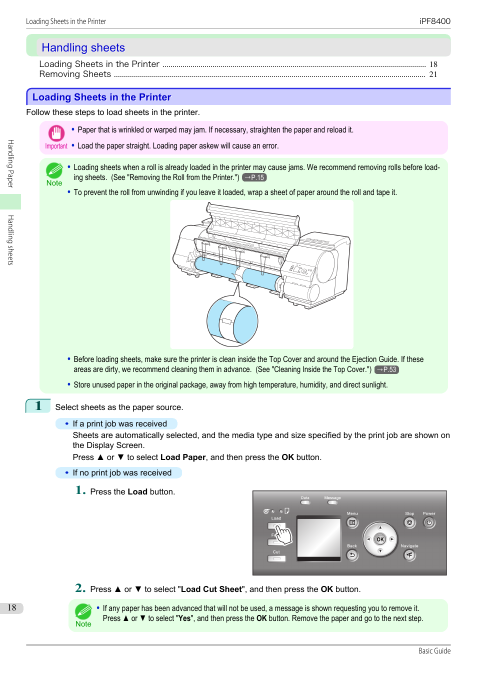 Handling sheets, Loading sheets in the printer | Canon imagePROGRAF iPF8400 User Manual | Page 18 / 157