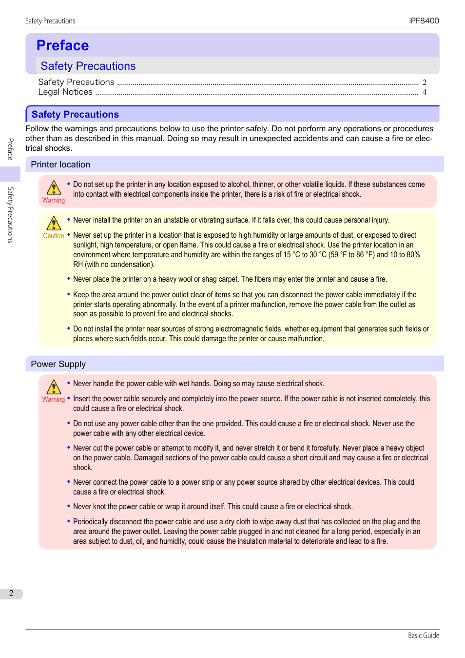 Preface, Safety precautions | Canon imagePROGRAF iPF8400 User Manual | Page 2 / 157