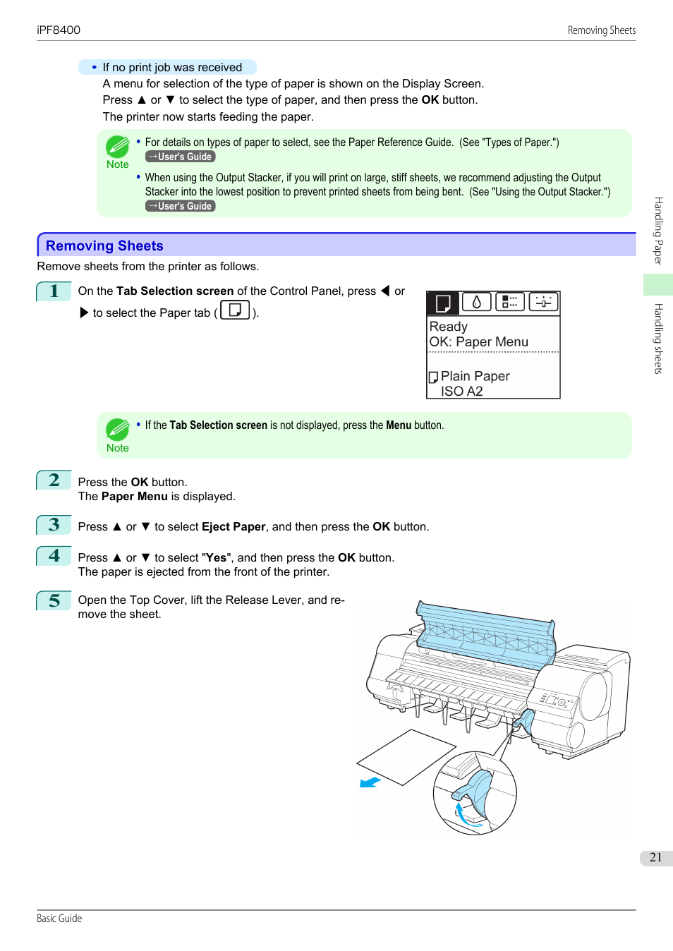 Removing sheets | Canon imagePROGRAF iPF8400 User Manual | Page 21 / 157