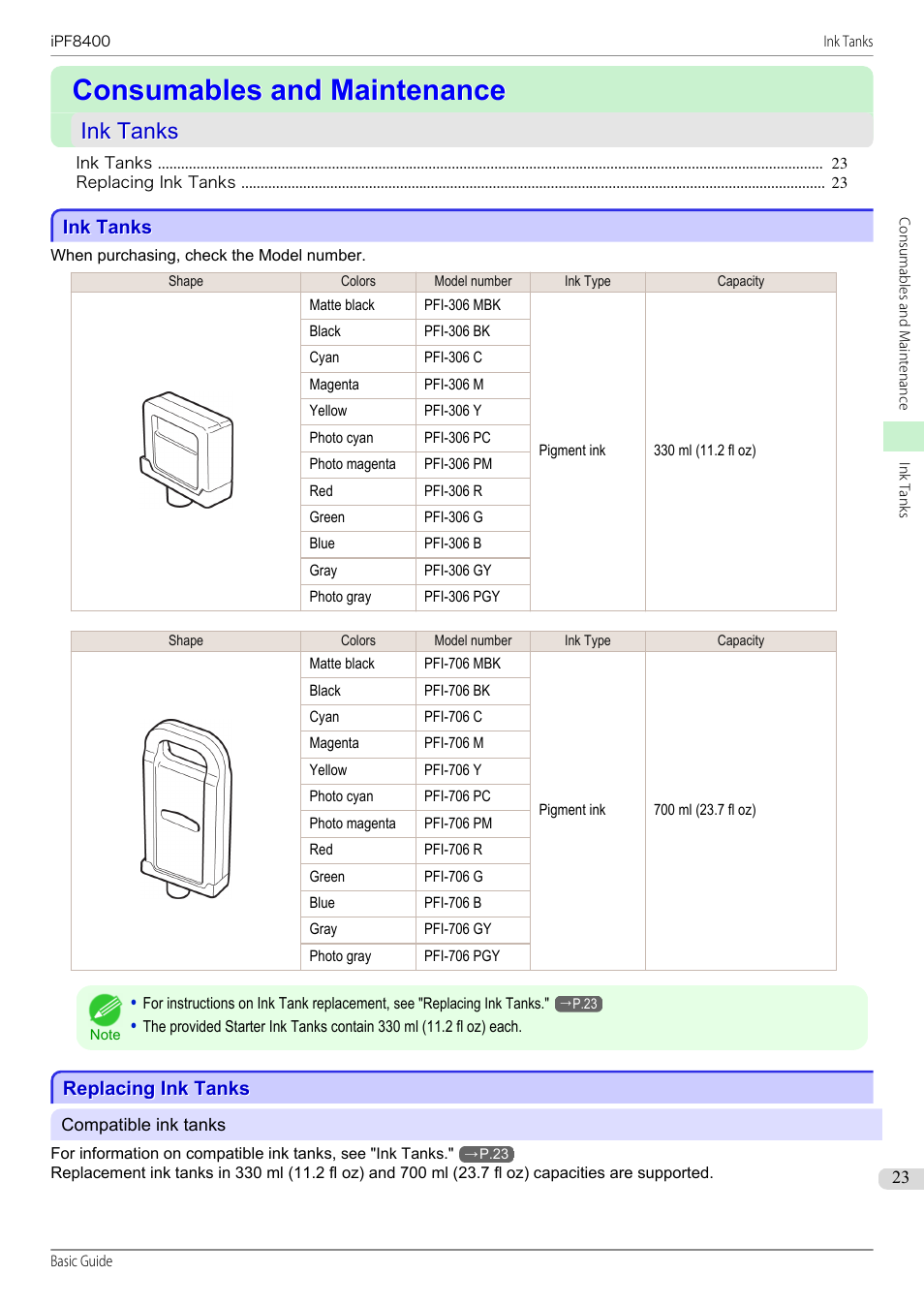 Consumables and maintenance, Ink tanks, Replacing ink tanks | Canon imagePROGRAF iPF8400 User Manual | Page 23 / 157