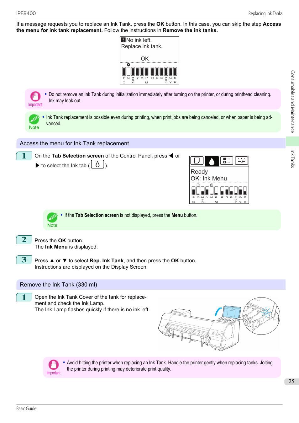 Ink tank replacement, P.25, 330 ml ink tanks | Canon imagePROGRAF iPF8400 User Manual | Page 25 / 157