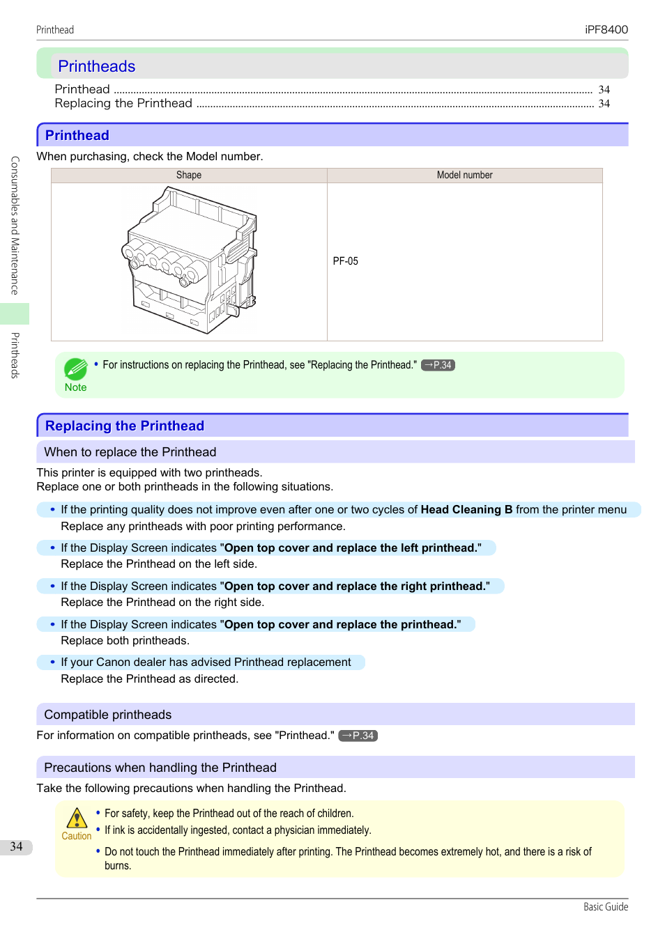 Printheads, Printhead, Replacing the printhead | Canon imagePROGRAF iPF8400 User Manual | Page 34 / 157
