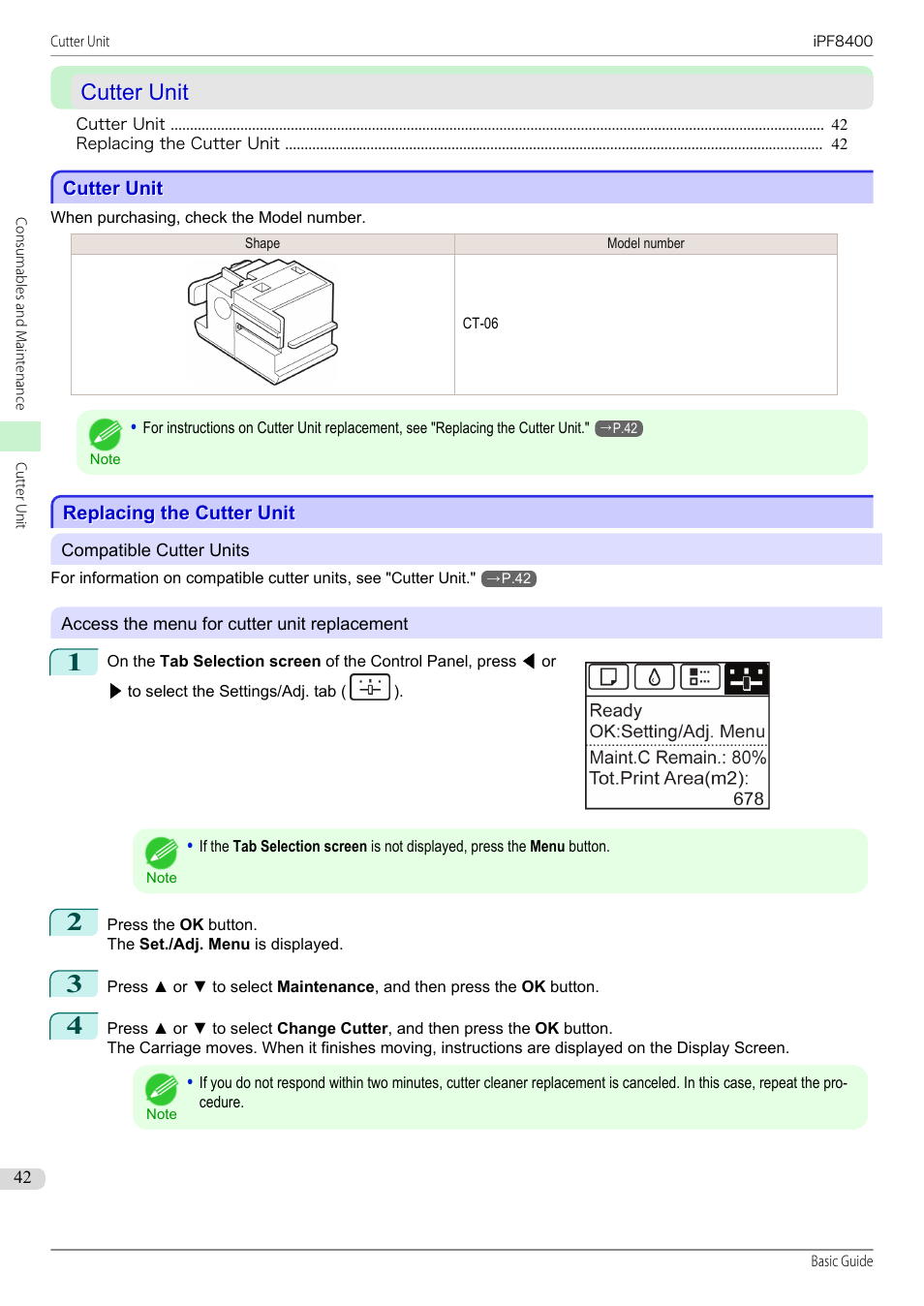 Cutter unit, Replacing the cutter unit | Canon imagePROGRAF iPF8400 User Manual | Page 42 / 157