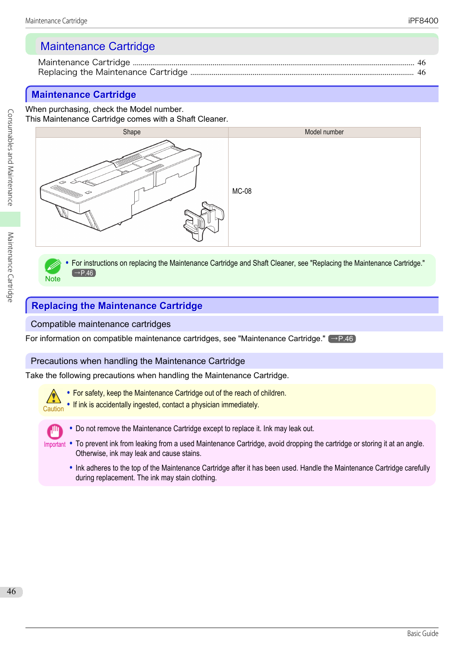 Maintenance cartridge, Replacing the maintenance cartridge | Canon imagePROGRAF iPF8400 User Manual | Page 46 / 157