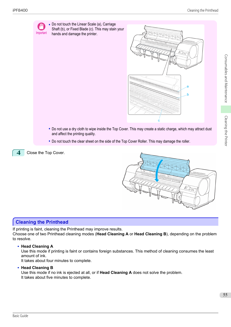 Cleaning the printhead | Canon imagePROGRAF iPF8400 User Manual | Page 55 / 157