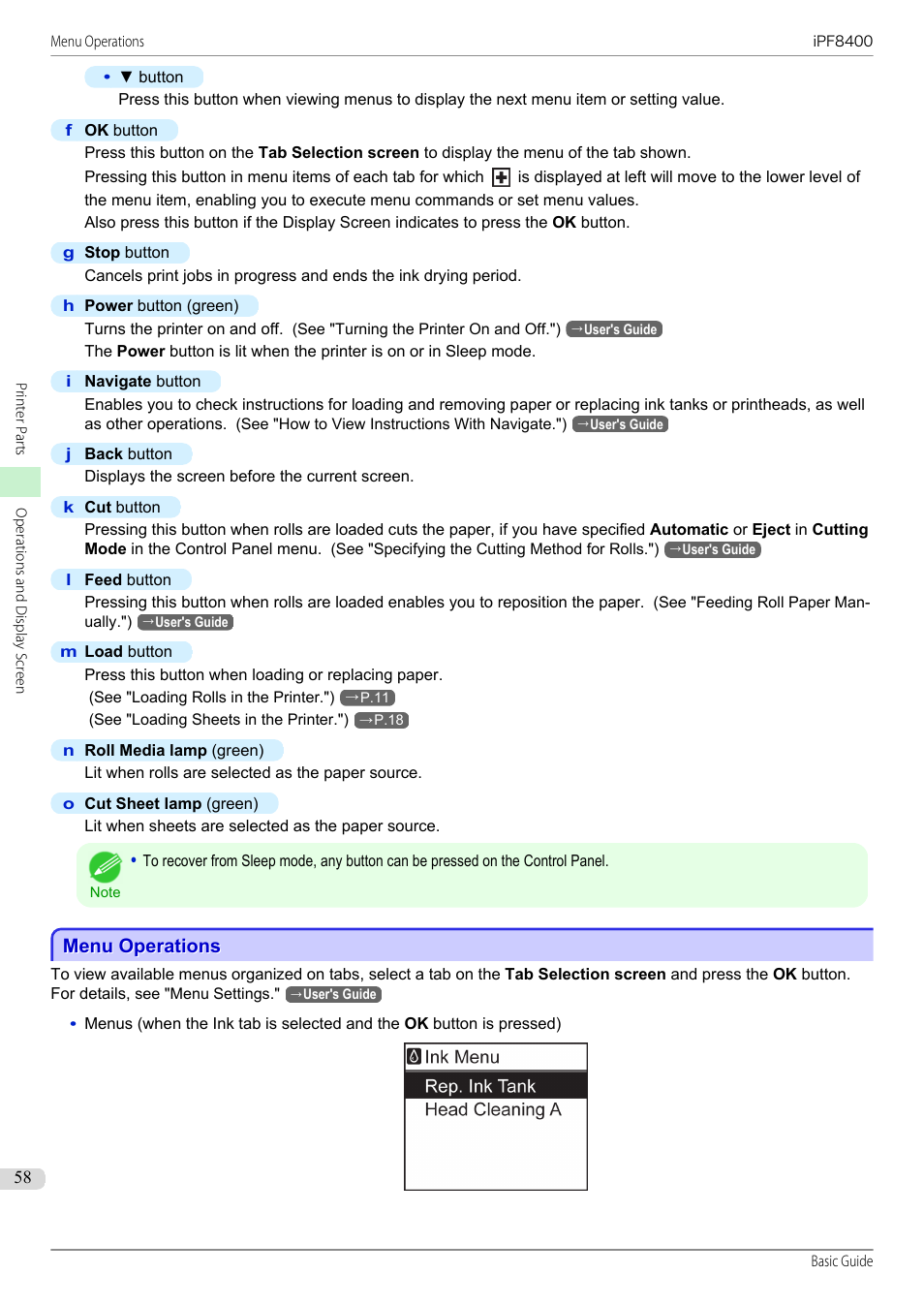 Menu operations | Canon imagePROGRAF iPF8400 User Manual | Page 58 / 157