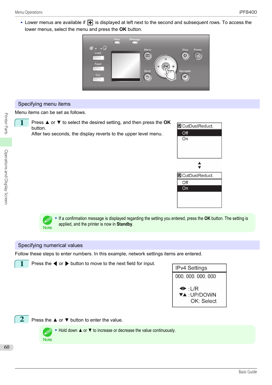 Specifying menu items, P.60, Specifying numerical values | Canon imagePROGRAF iPF8400 User Manual | Page 60 / 157