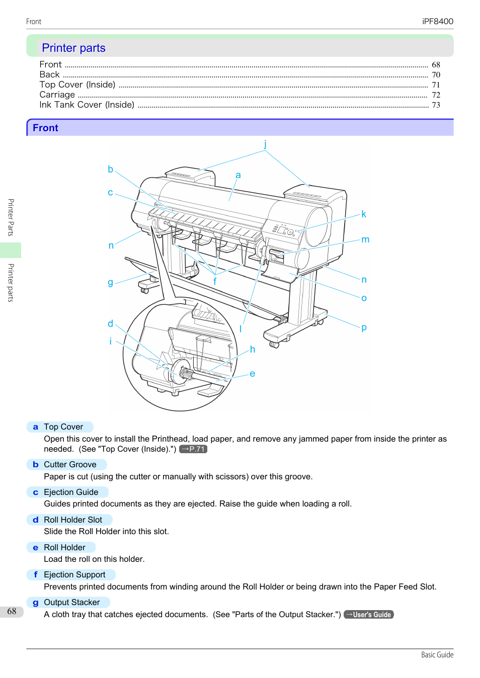 Printer parts, Front | Canon imagePROGRAF iPF8400 User Manual | Page 68 / 157