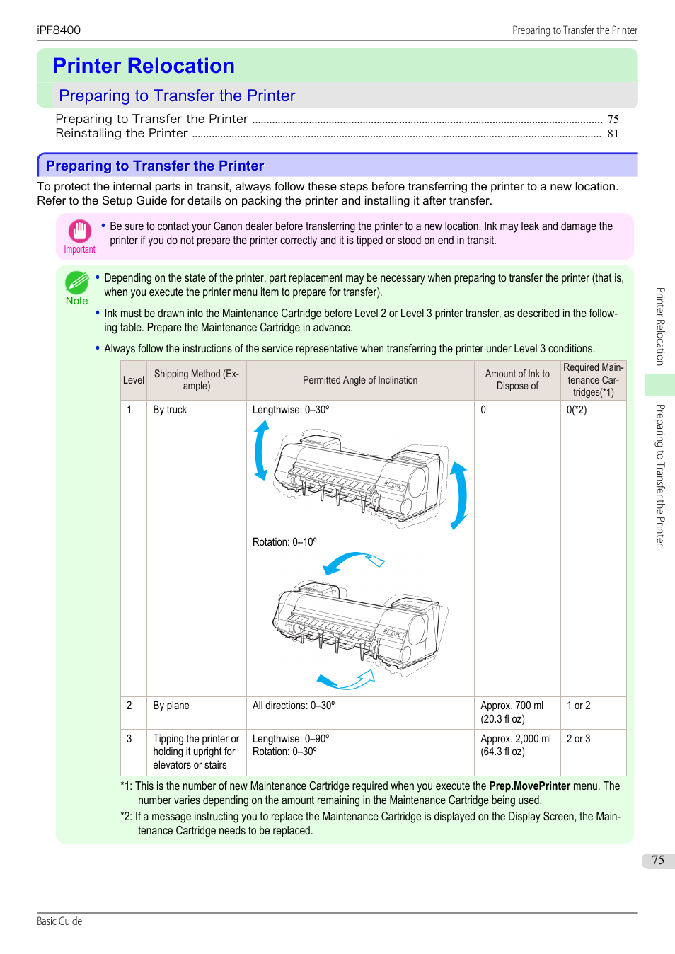 Printer relocation, Preparing to transfer the printer | Canon imagePROGRAF iPF8400 User Manual | Page 75 / 157