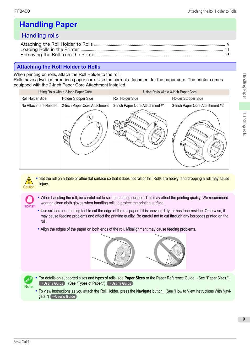 Handling paper, Handling rolls, Attaching the roll holder to rolls | Canon imagePROGRAF iPF8400 User Manual | Page 9 / 157