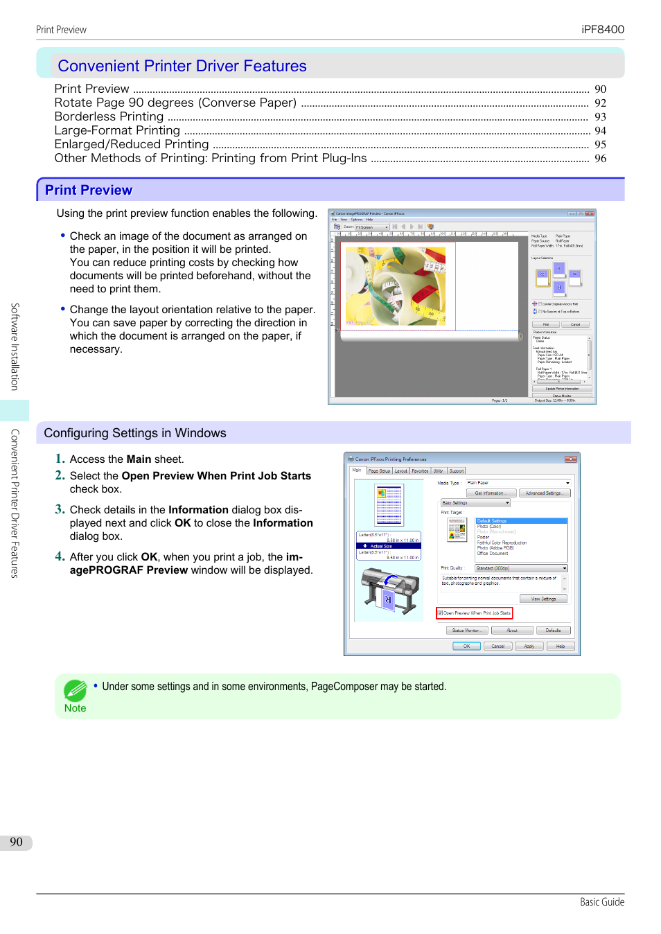 Convenient printer driver features, Print preview | Canon imagePROGRAF iPF8400 User Manual | Page 90 / 157