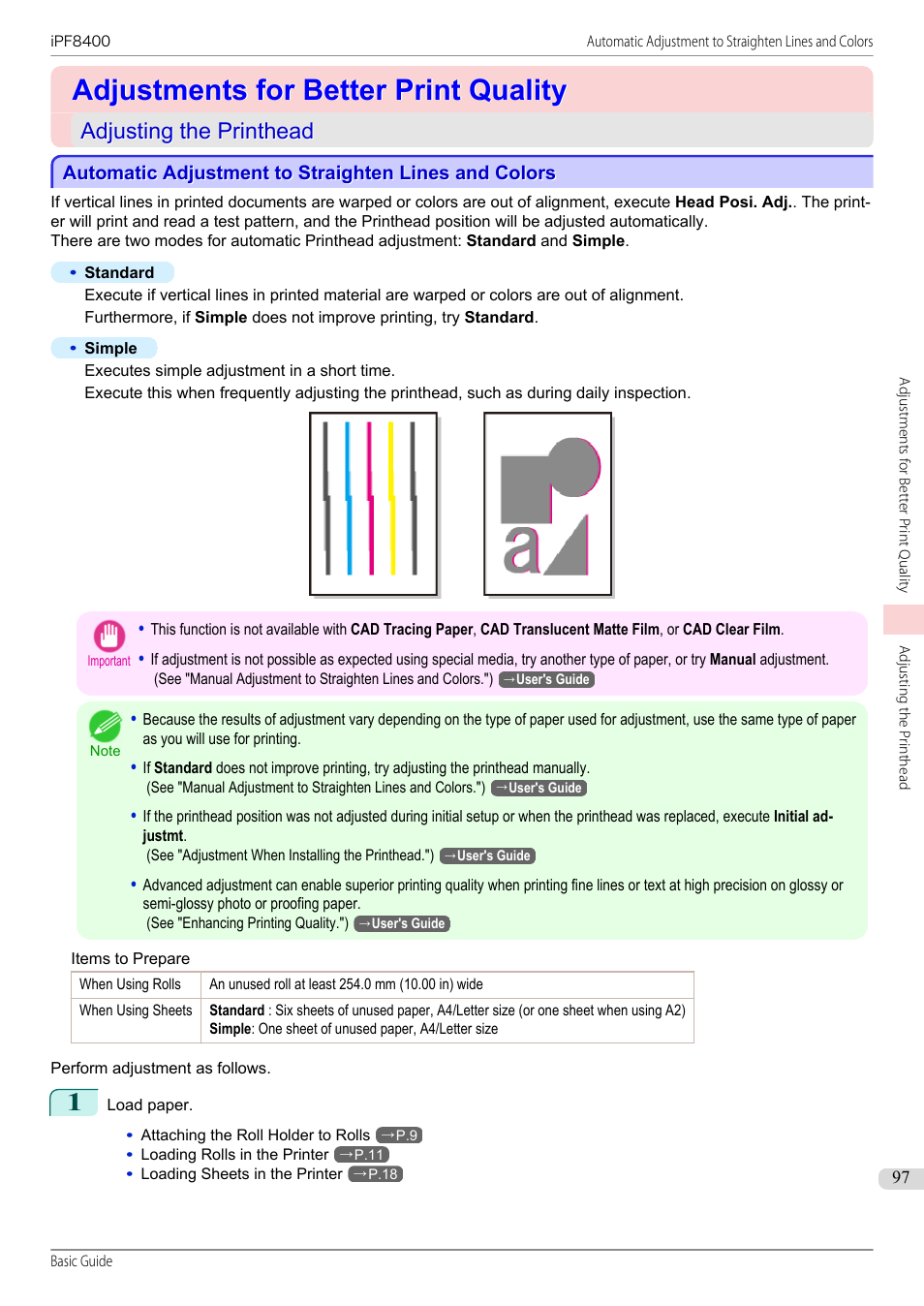 Adjustments for better print quality, Adjusting the printhead | Canon imagePROGRAF iPF8400 User Manual | Page 97 / 157