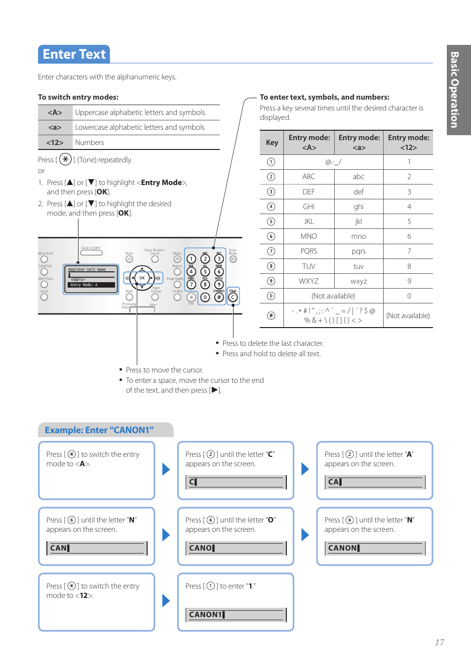 Enter text, Enter text …………………………………………………………… 17, Basic oper a tion | Canon FAXPHONE L190 User Manual | Page 17 / 100