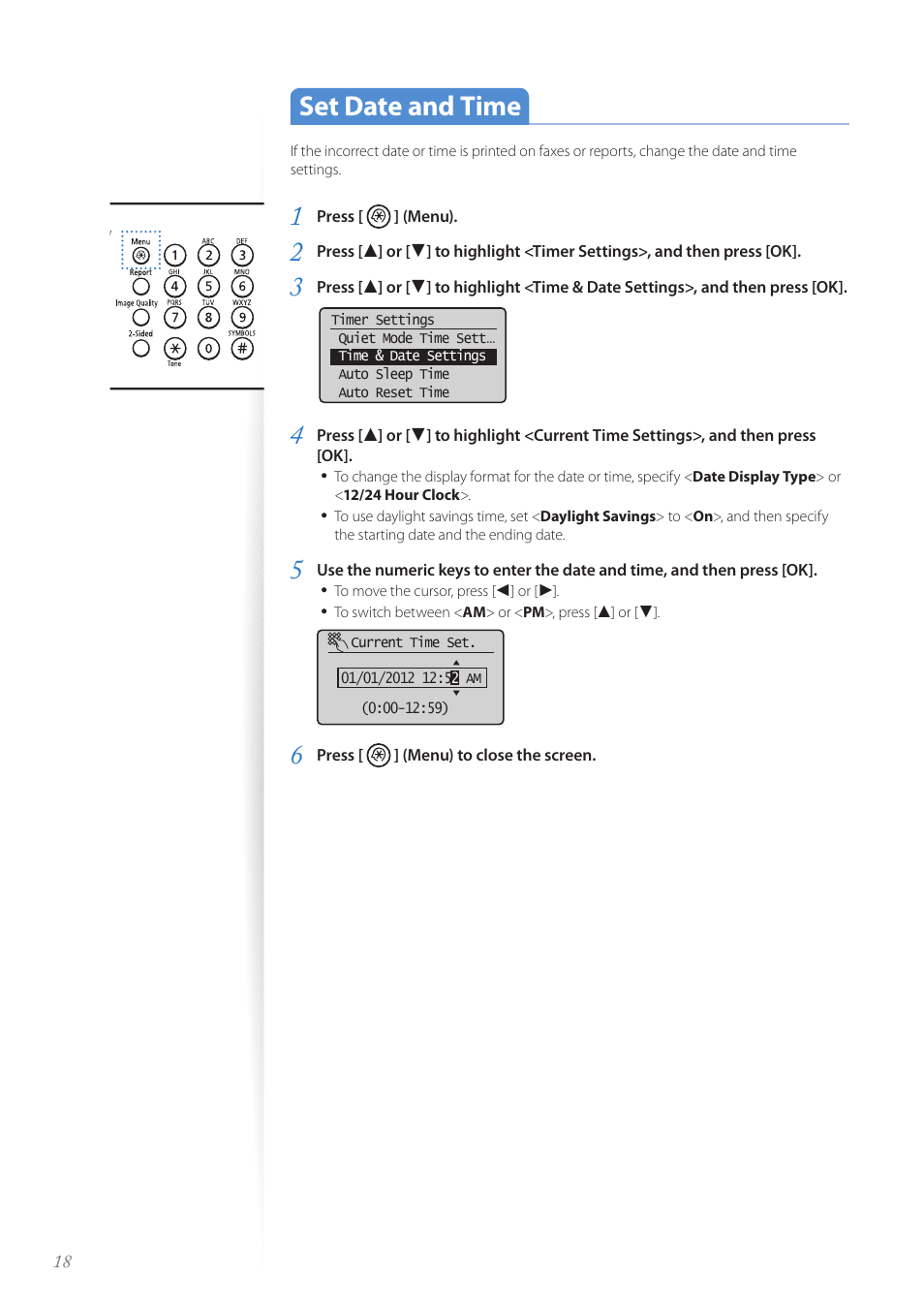 Set date and time, Set date and time …………………………………………………… 18 | Canon FAXPHONE L190 User Manual | Page 18 / 100