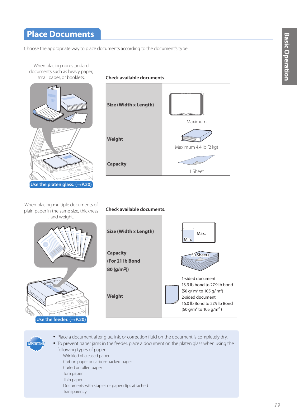 Place documents, Place documents …………………………………………………… 19, Basic oper a tion | Canon FAXPHONE L190 User Manual | Page 19 / 100