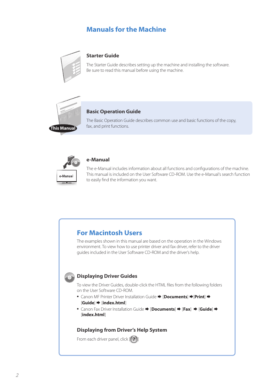 Manuals for the machine, For macintosh users | Canon FAXPHONE L190 User Manual | Page 2 / 100