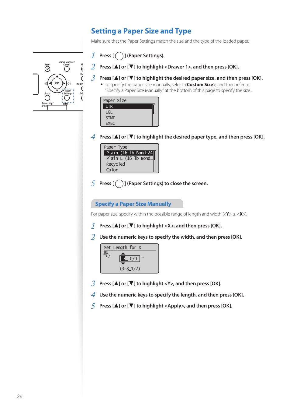 Setting a paper size and type, Setting a paper size and type ……………………………………… 26 | Canon FAXPHONE L190 User Manual | Page 26 / 100