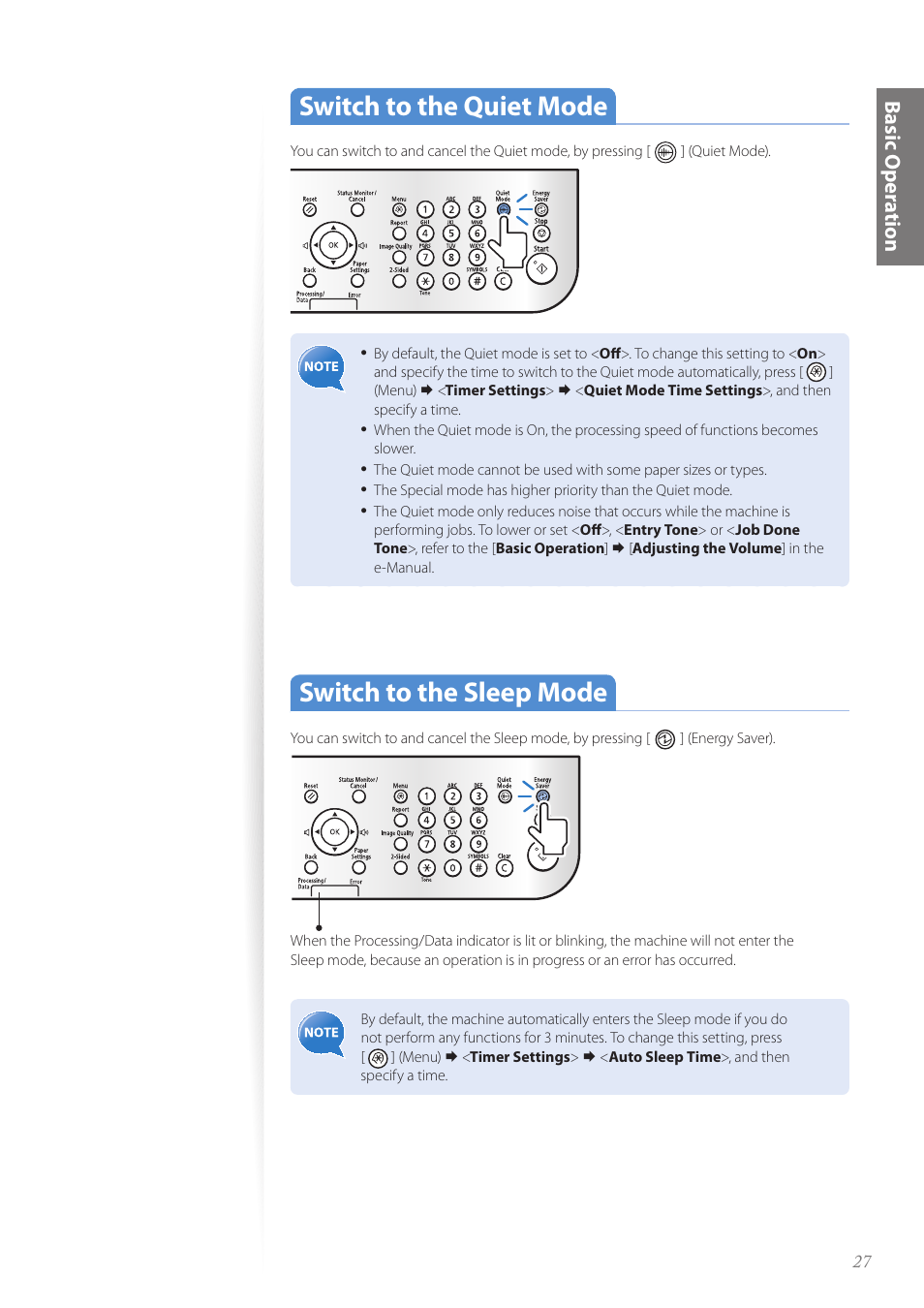 Switch to the quiet mode, Switch to the sleep mode, Basic oper a tion | Canon FAXPHONE L190 User Manual | Page 27 / 100