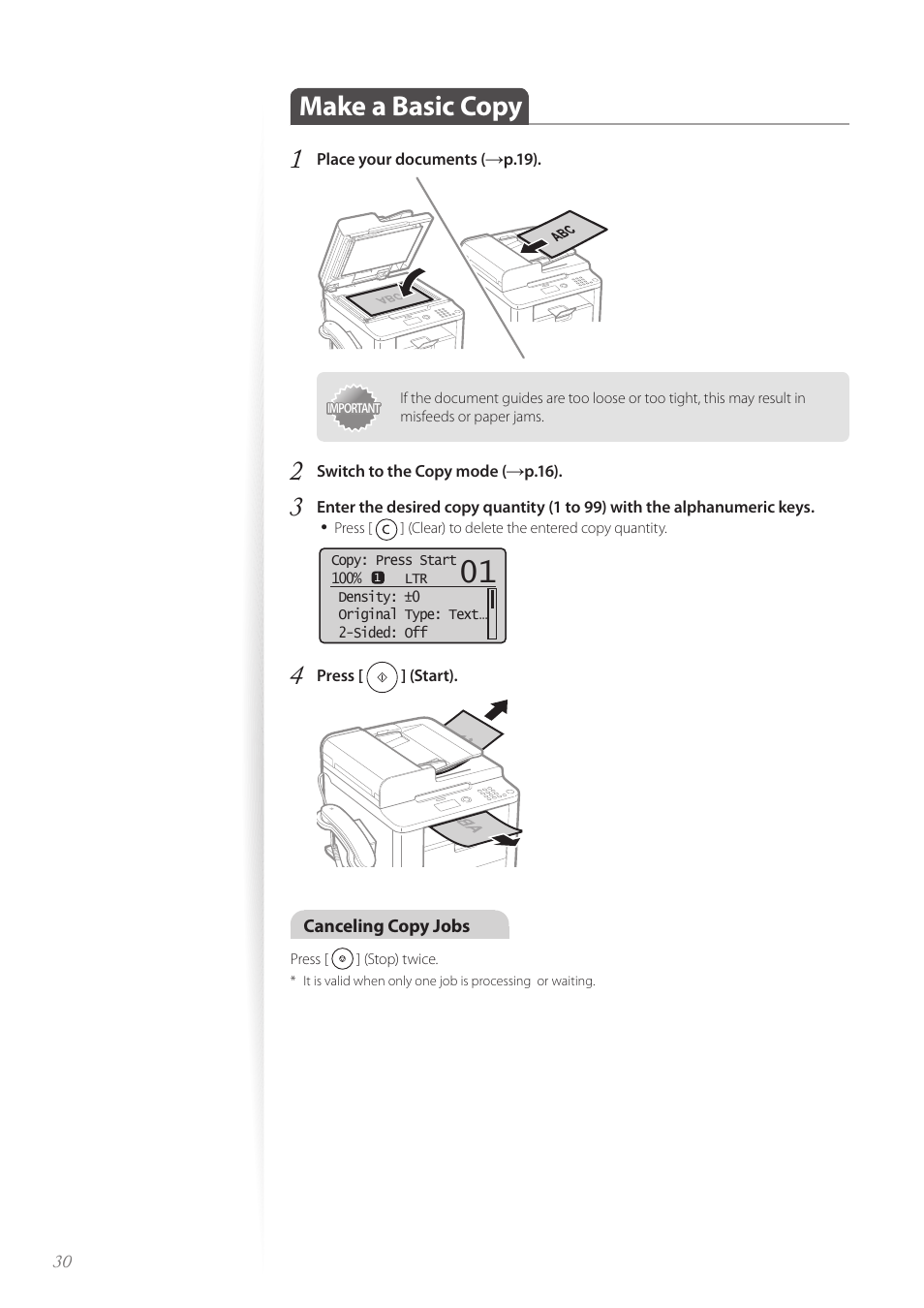 Make a basic copy, Make a basic copy …………………………………………………… 30, Make a basic copy 1 | Canon FAXPHONE L190 User Manual | Page 30 / 100