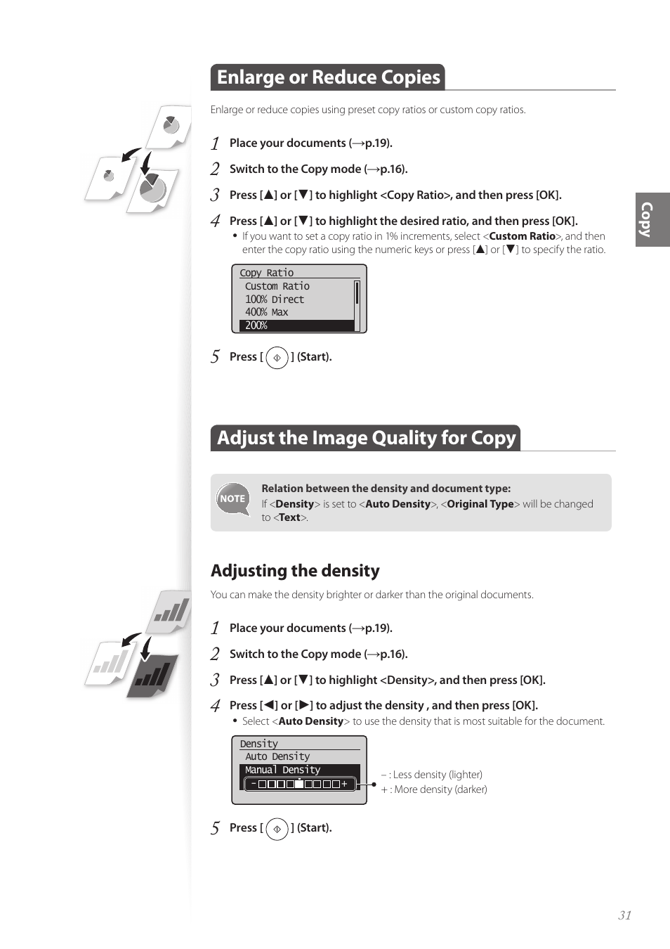 Enlarge or reduce copies, Adjust the image quality for copy, Adjusting the density | Adjusting the density ……………………………………………… 31 | Canon FAXPHONE L190 User Manual | Page 31 / 100