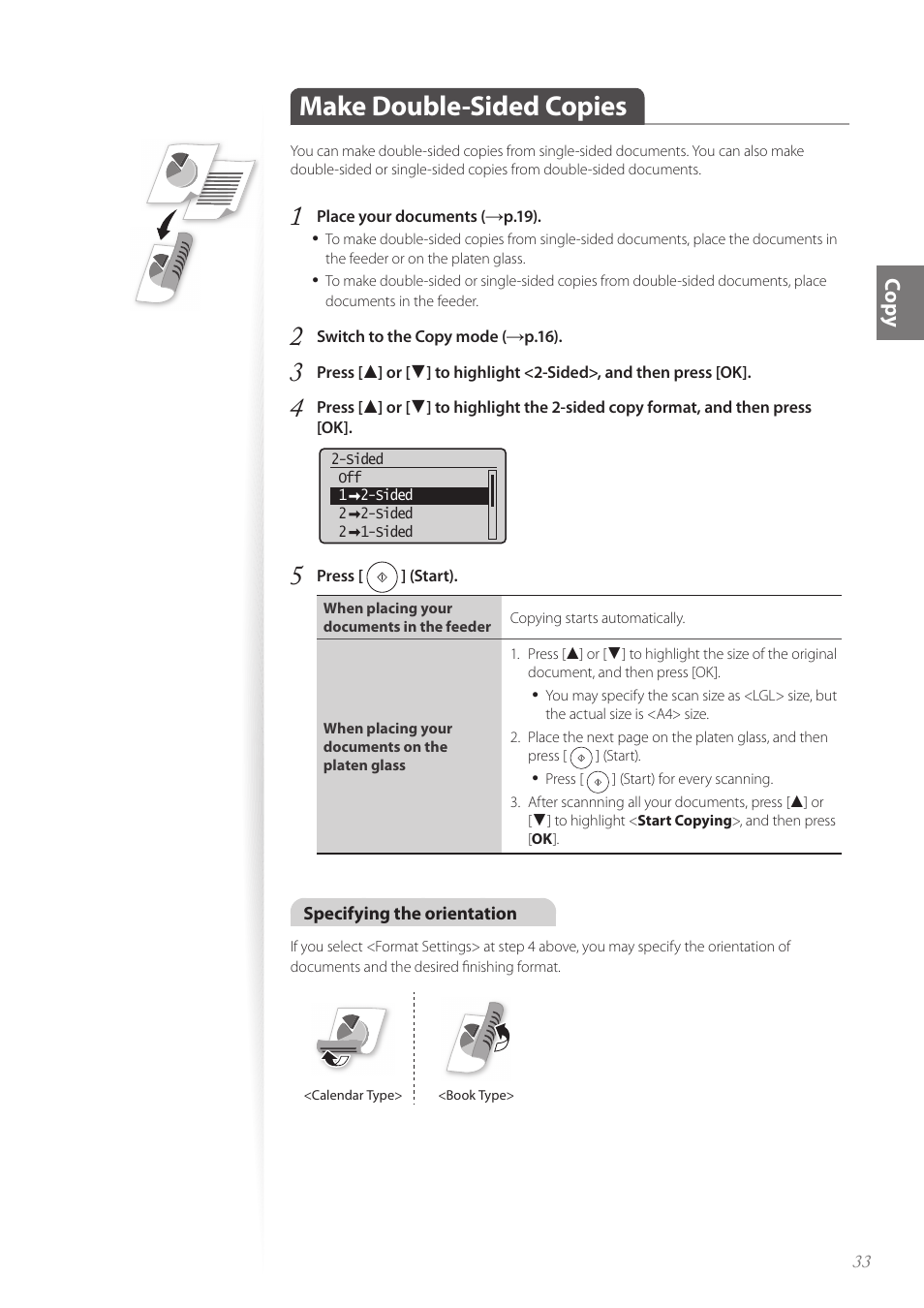 Make double-sided copies, Make double-sided copies ………………………………………… 33, Co py | Canon FAXPHONE L190 User Manual | Page 33 / 100