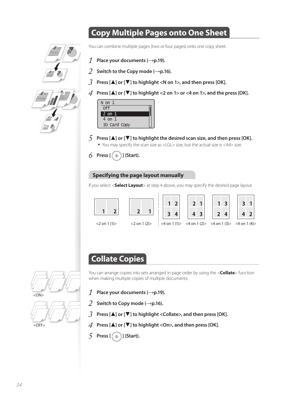 Collate copies, Copy multiple pages onto one sheet | Canon FAXPHONE L190 User Manual | Page 34 / 100