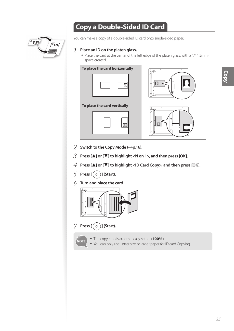 Copy a double-sided id card, Copy a double-sided id card ………………………………………… 35, Co py | Canon FAXPHONE L190 User Manual | Page 35 / 100