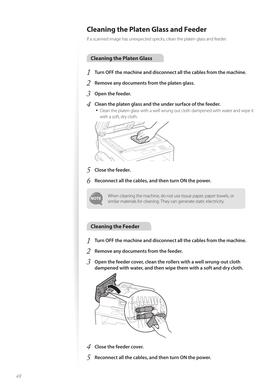 Cleaning the platen glass and feeder | Canon FAXPHONE L190 User Manual | Page 48 / 100