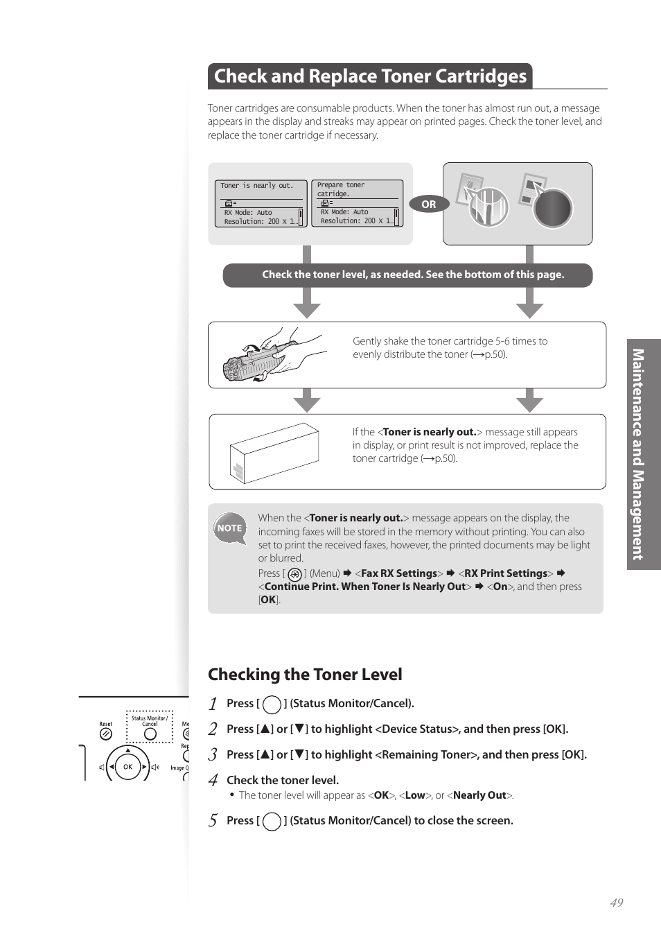 Check and replace toner cartridges, Checking the toner level, Checking the toner level …………………………………………… 49 | Mainte nance and m anage me nt | Canon FAXPHONE L190 User Manual | Page 49 / 100