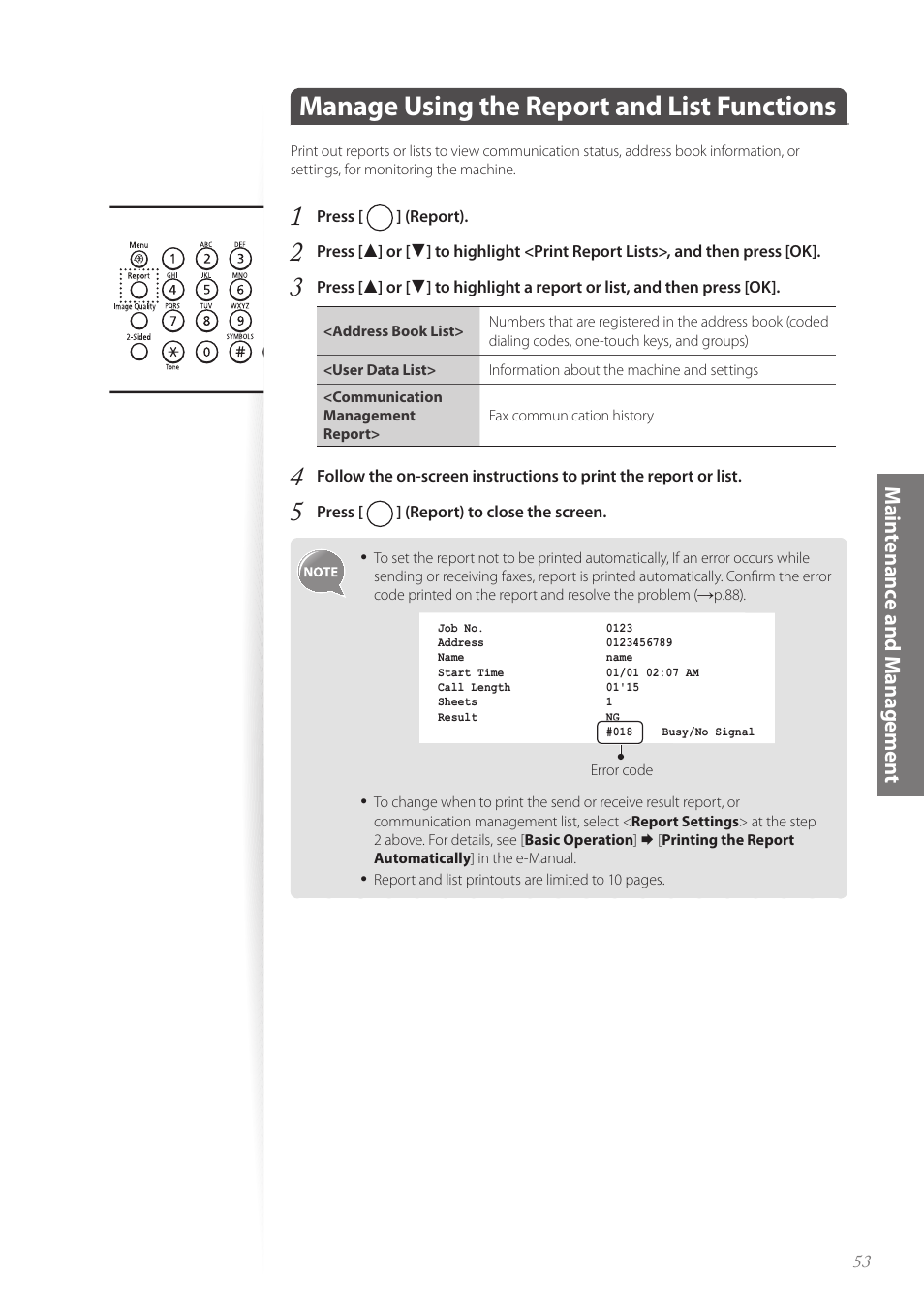 Manage using the report and list functions, P.53) | Canon FAXPHONE L190 User Manual | Page 53 / 100