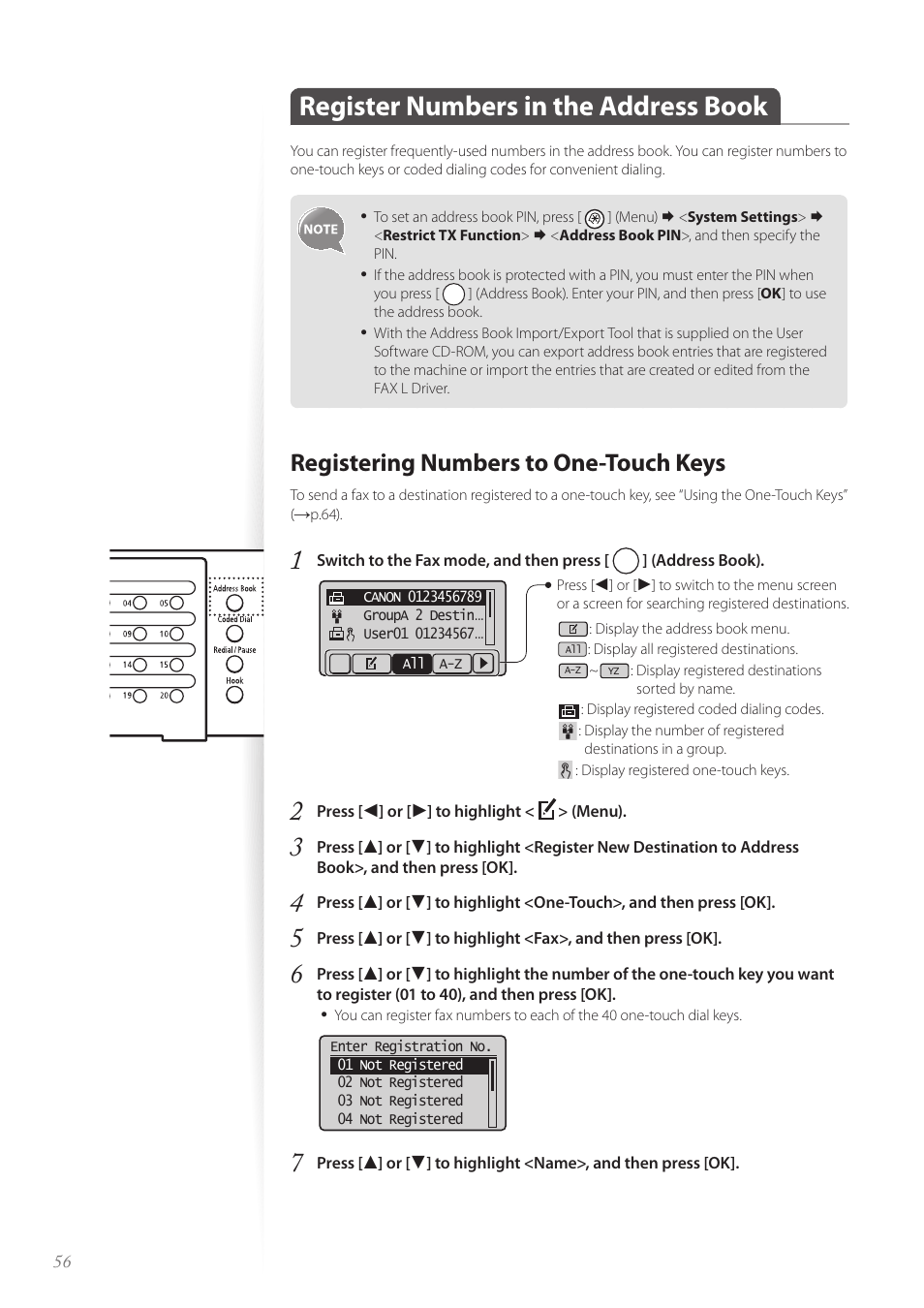 Register numbers in the address book, Registering numbers to one-touch keys | Canon FAXPHONE L190 User Manual | Page 56 / 100