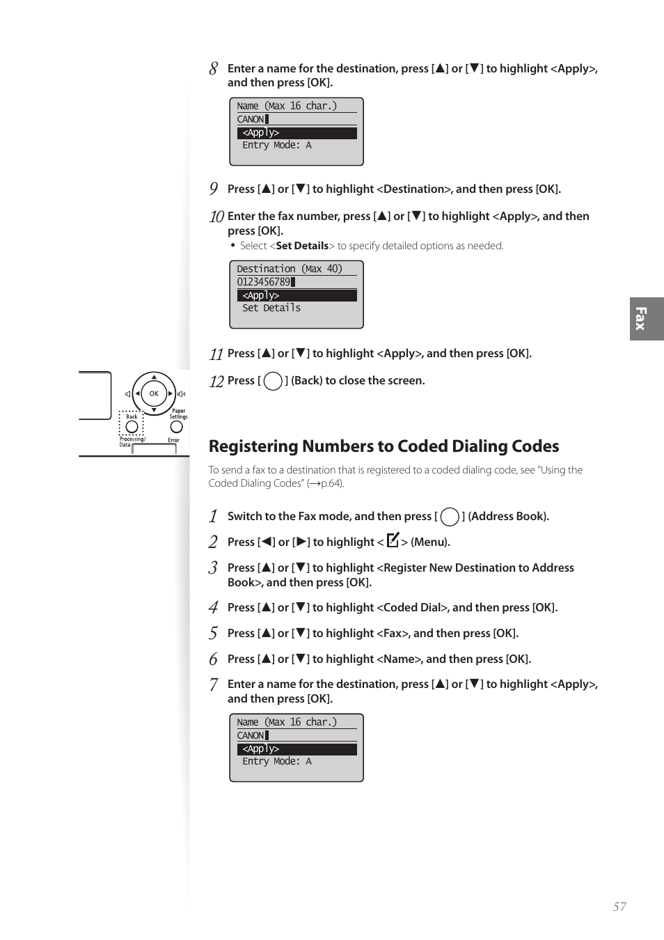 Registering numbers to coded dialing codes, Fa x | Canon FAXPHONE L190 User Manual | Page 57 / 100