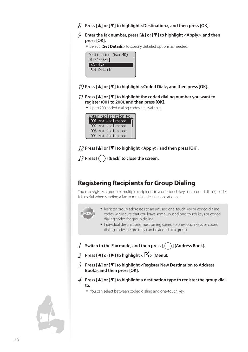 Registering recipients for group dialing | Canon FAXPHONE L190 User Manual | Page 58 / 100