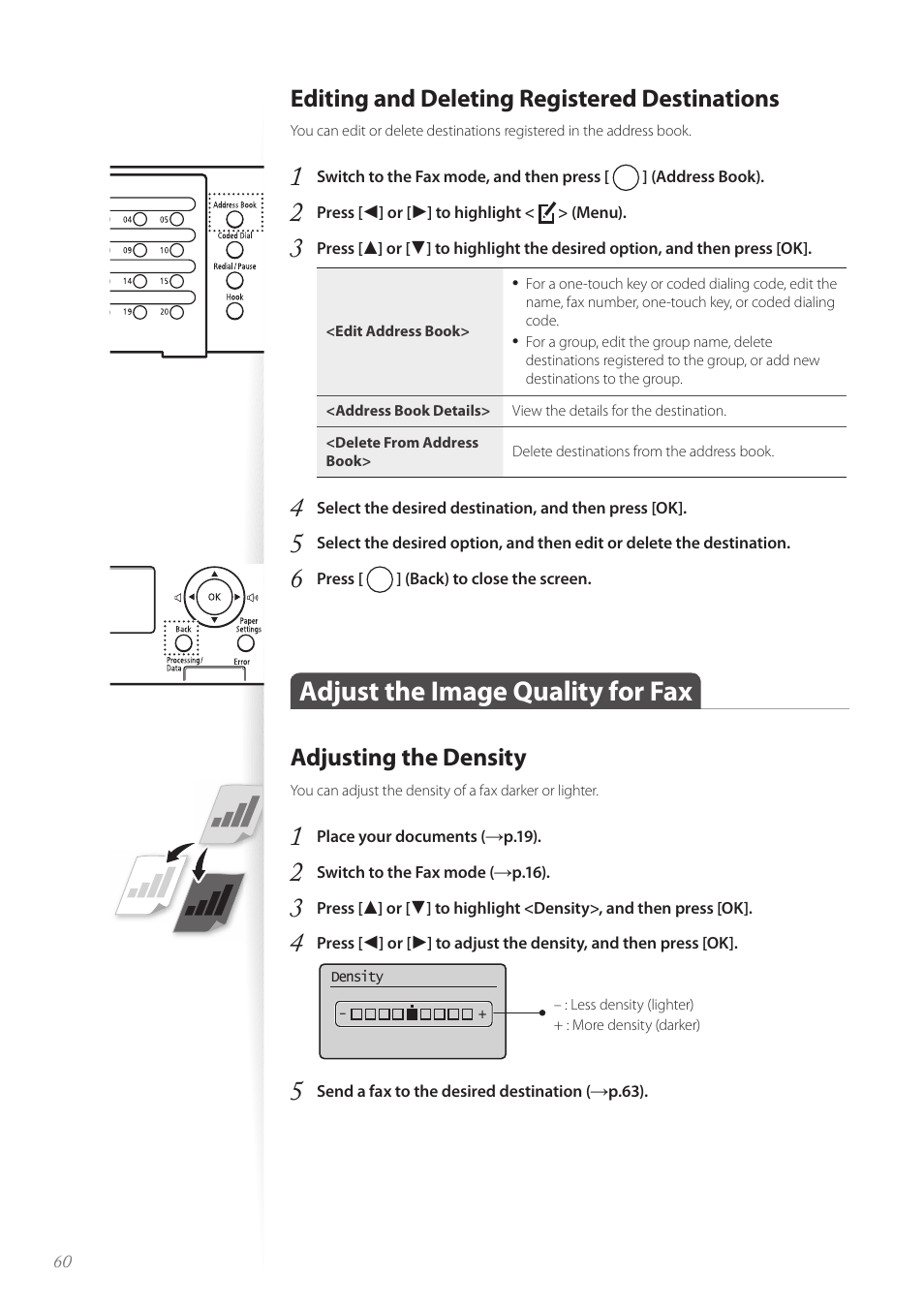 Editing and deleting registered destinations, Adjust the image quality for fax, Adjusting the density | Adjust the image quality for fax …………………………………… 60, Adjusting the density ……………………………………………… 60 | Canon FAXPHONE L190 User Manual | Page 60 / 100