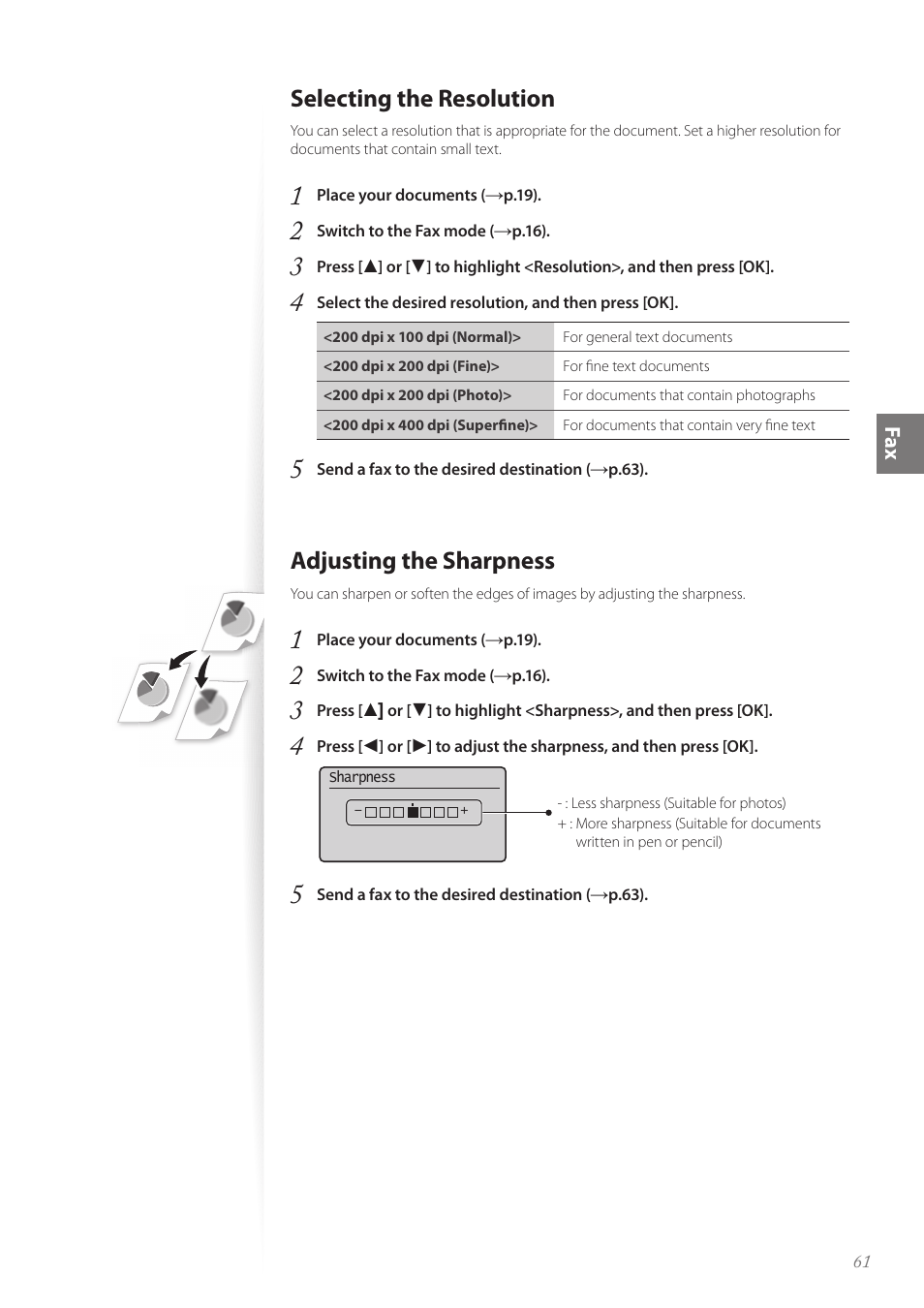 Selecting the resolution, Adjusting the sharpness | Canon FAXPHONE L190 User Manual | Page 61 / 100