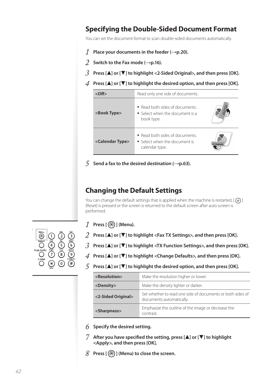 Specifying the double-sided document format, Changing the default settings | Canon FAXPHONE L190 User Manual | Page 62 / 100