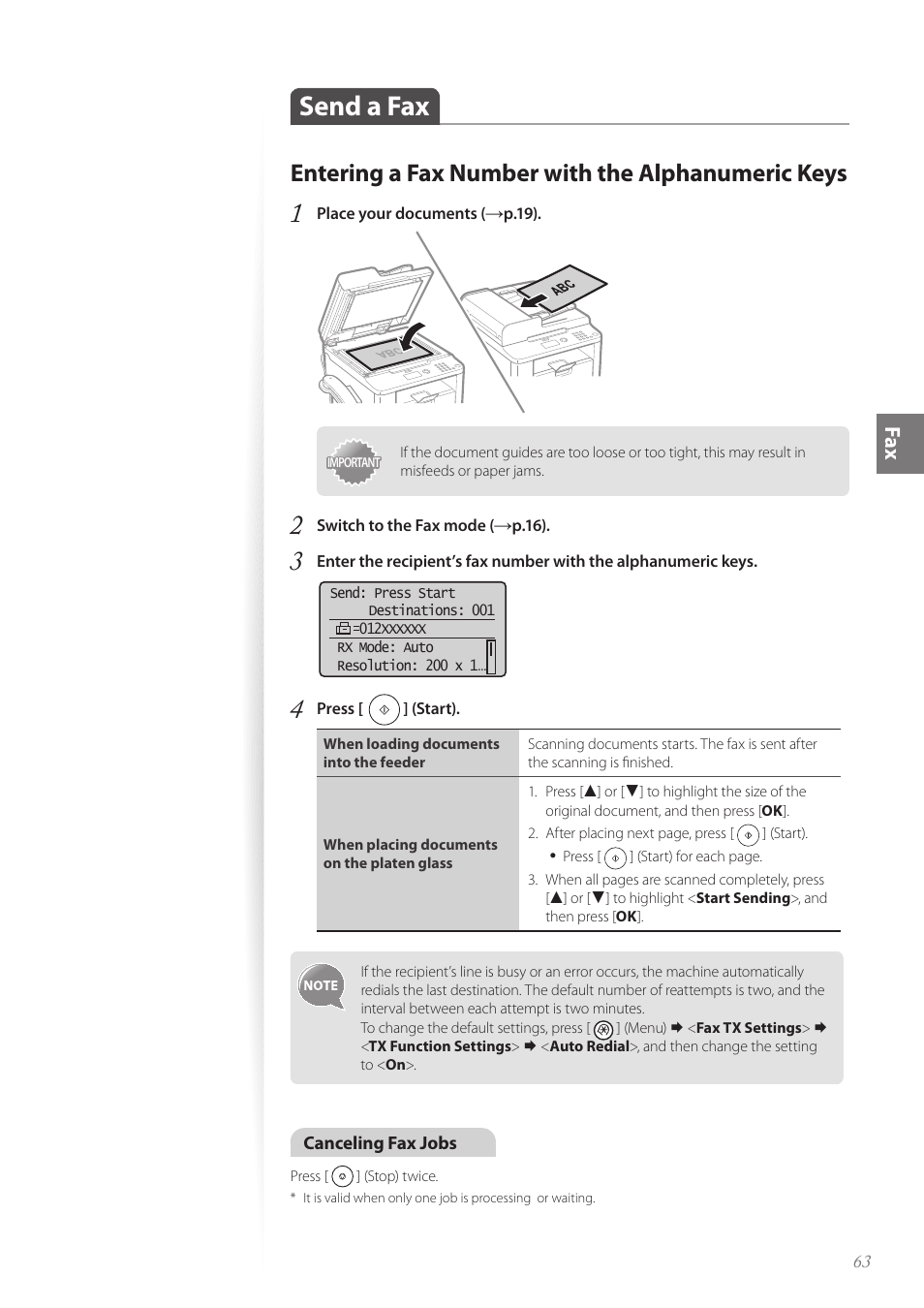 Send a fax, Entering a fax number with the alphanumeric keys, Send a fax …………………………………………………………… 63 | Fa x | Canon FAXPHONE L190 User Manual | Page 63 / 100