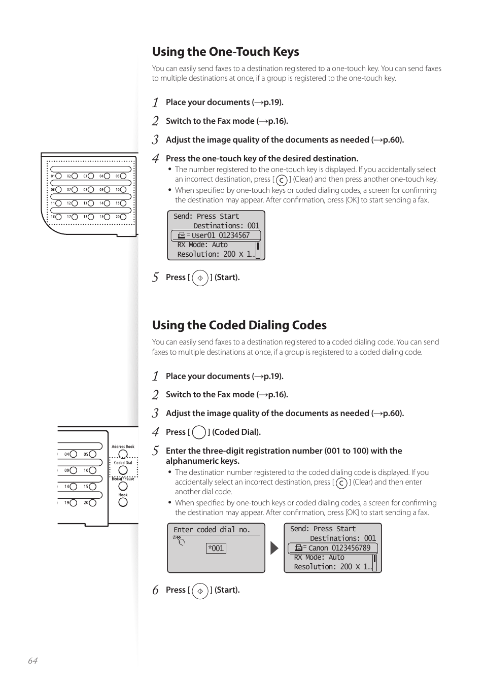 Using the one-touch keys, Using the coded dialing codes, P.64 | P.64) | Canon FAXPHONE L190 User Manual | Page 64 / 100