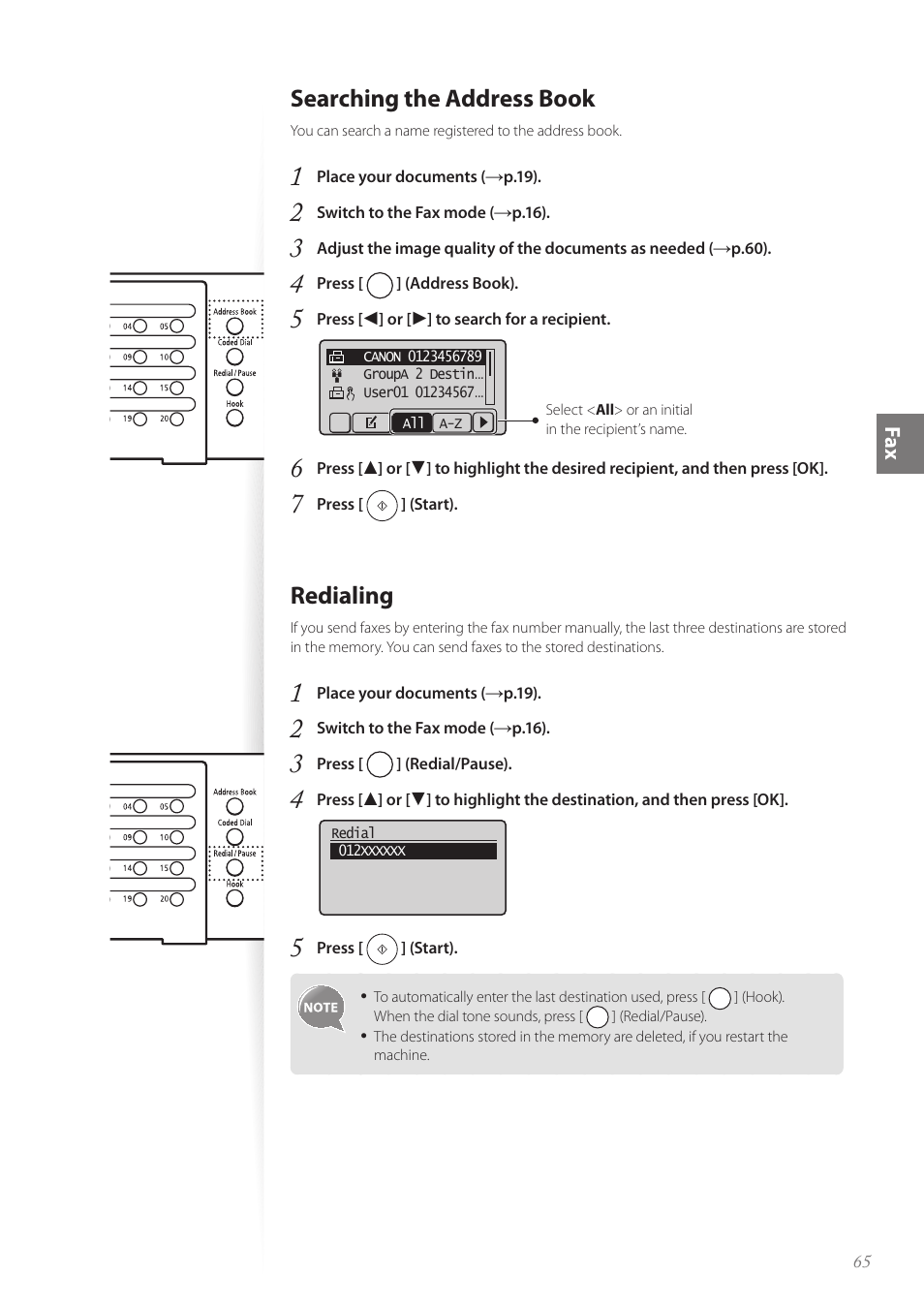 Searching the address book, Redialing, P.65 | Canon FAXPHONE L190 User Manual | Page 65 / 100