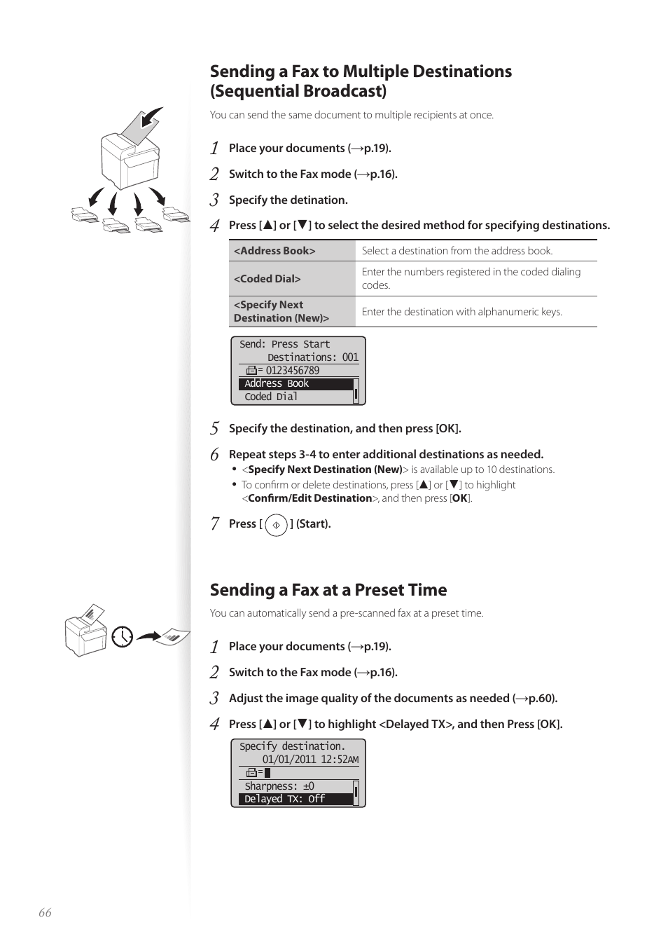 Sending a fax at a preset time, P.66 | Canon FAXPHONE L190 User Manual | Page 66 / 100