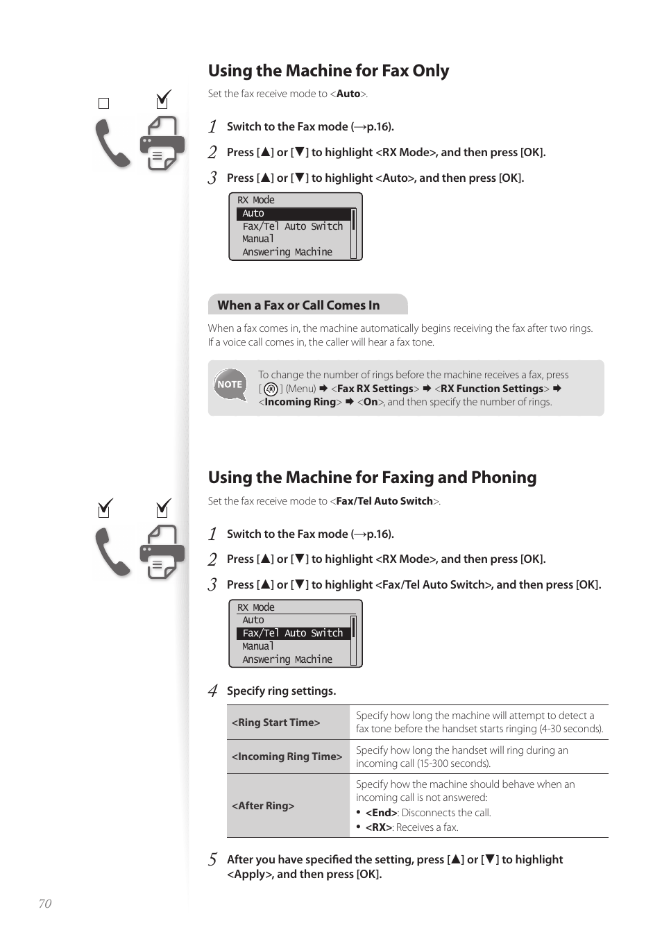 Using the machine for fax only, Using the machine for faxing and phoning | Canon FAXPHONE L190 User Manual | Page 70 / 100