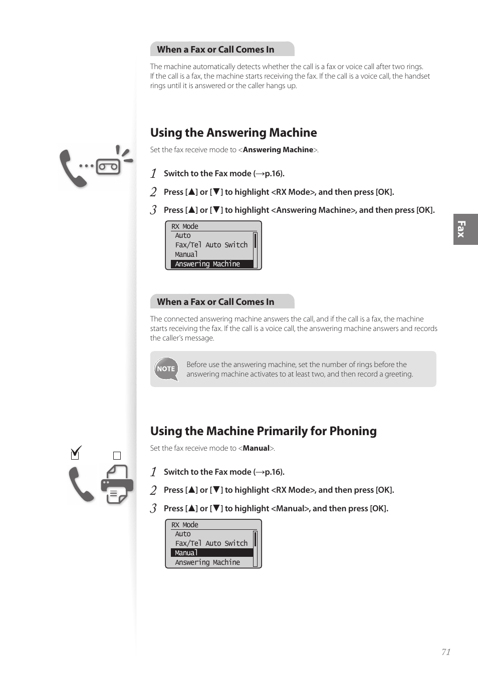 Using the answering machine, Using the machine primarily for phoning, Fa x | Canon FAXPHONE L190 User Manual | Page 71 / 100
